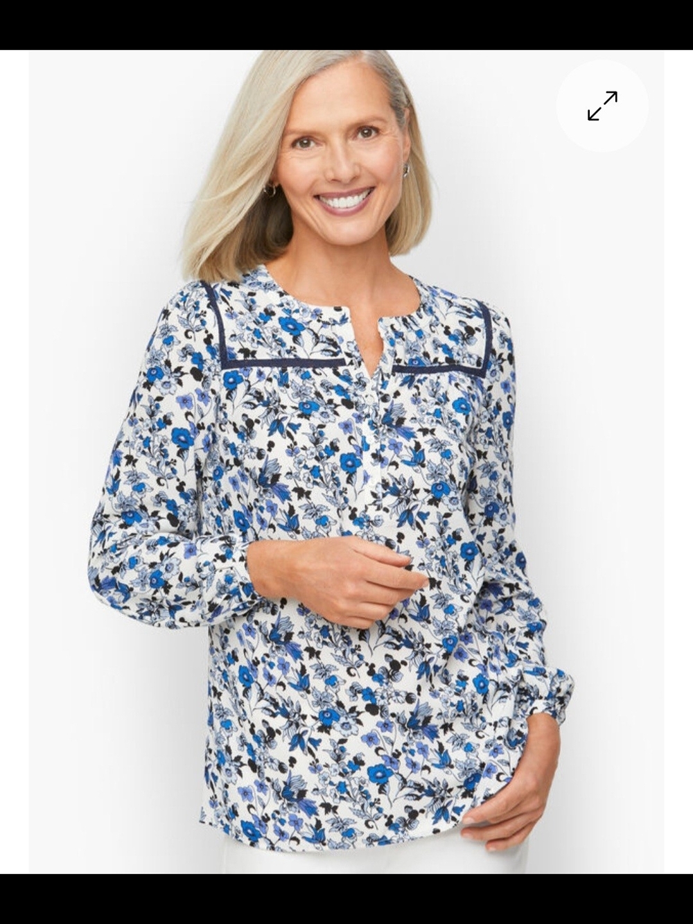 Talbots Blue and White Floral Button-Front Blouse - Picture 2 of 10